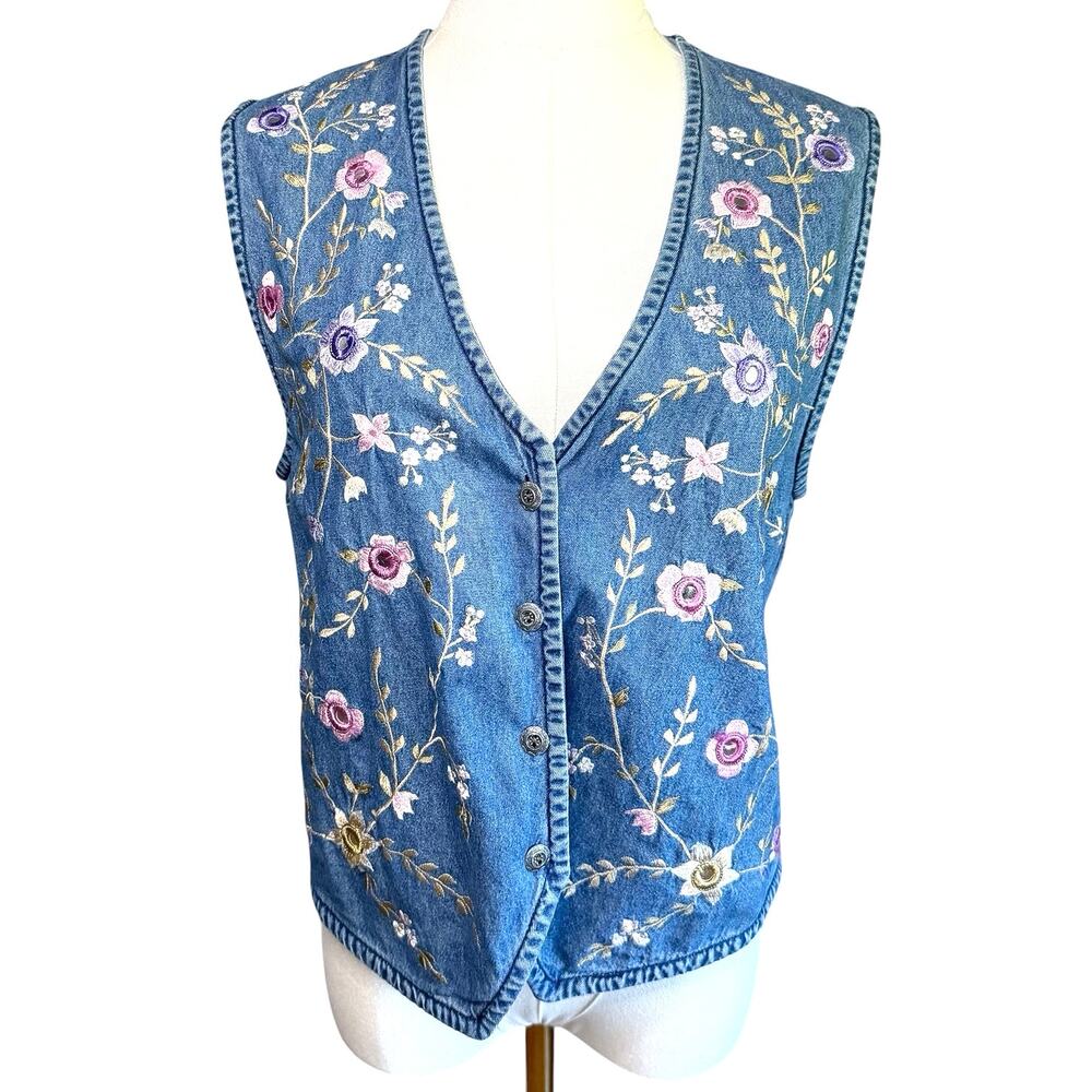 Vintage Tantrum Blues Denim Floral Embroidered Vest Indie Festival 90s Boho